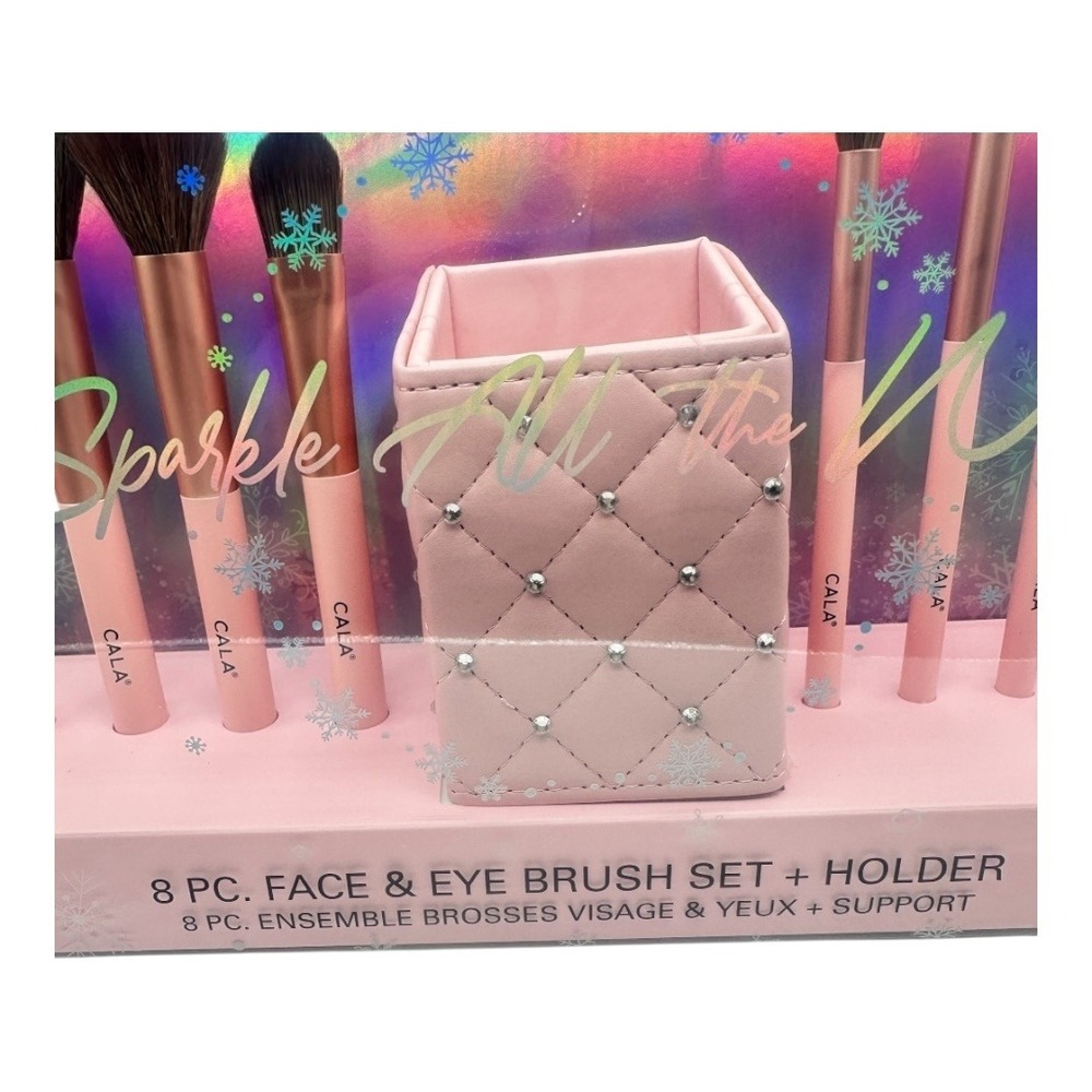 CALA 8 Pc Face & Eye Brush Set w Holder Pink Sparkle NIB - Picture 2 of 11